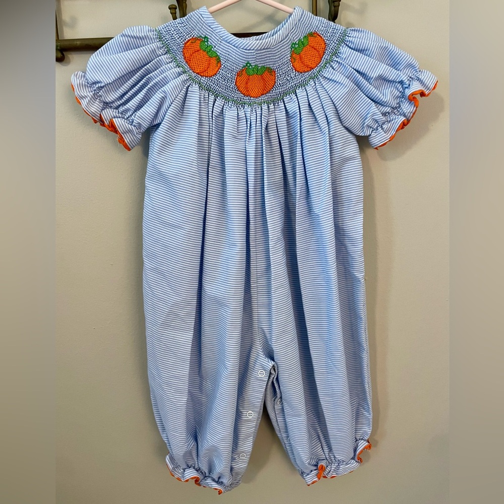 Smocked Auctions Blue and White Striped Bishop Smocked Pumpkin Long Romper
